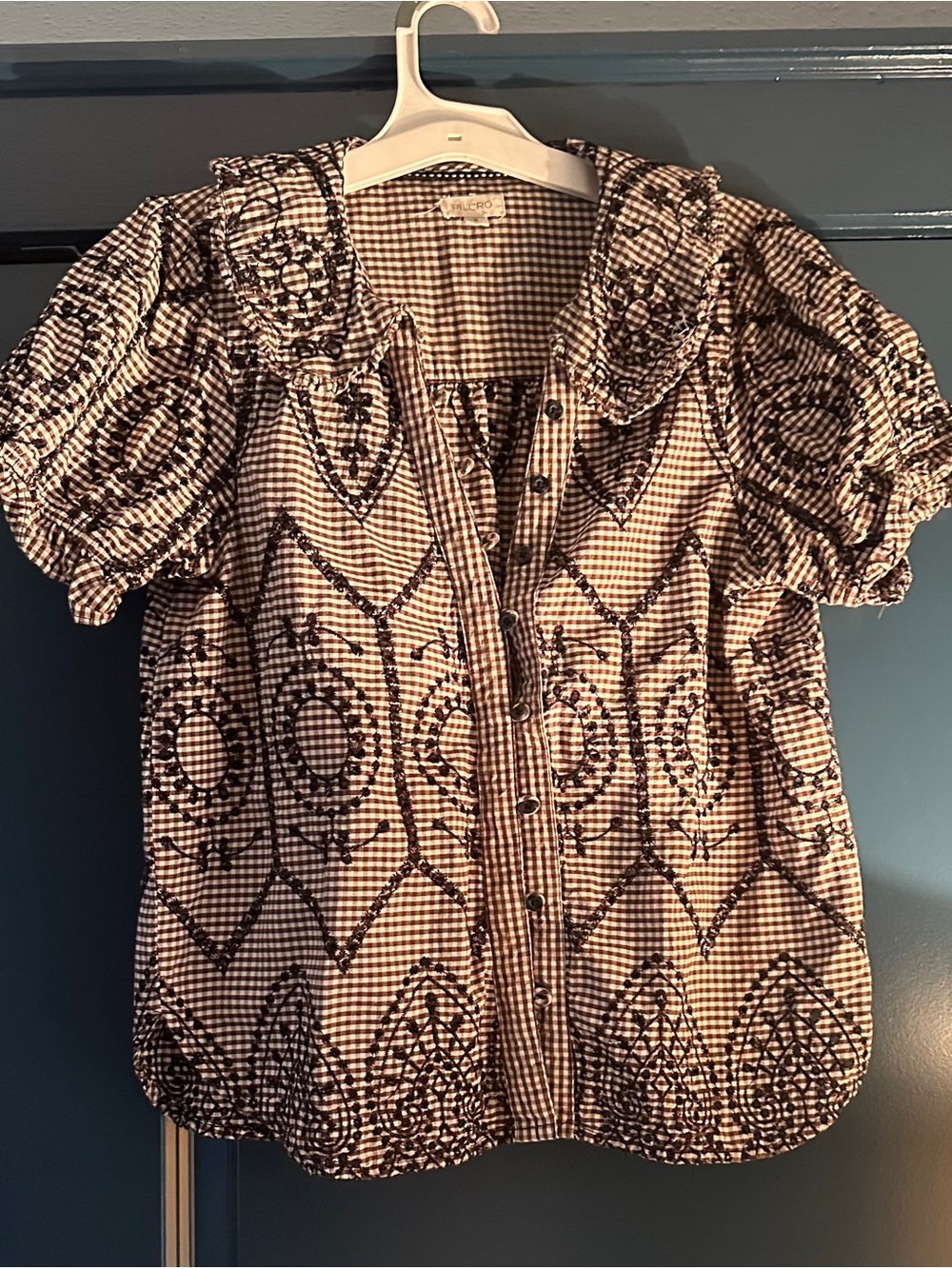 Pilcro Brown & Cream Gingham Puff-Sleeve Button Front Blouse